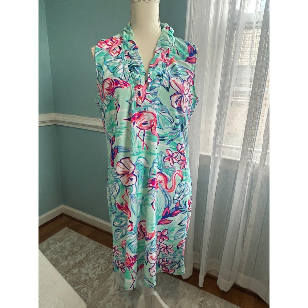 Aryeh Boutique Flamingo Tropical Ruffle Neck Shift Dress XL beach cruise coastal